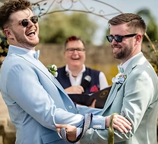 LGBTI+ couple laughing with Sarah Donovan Humanist Celebrant